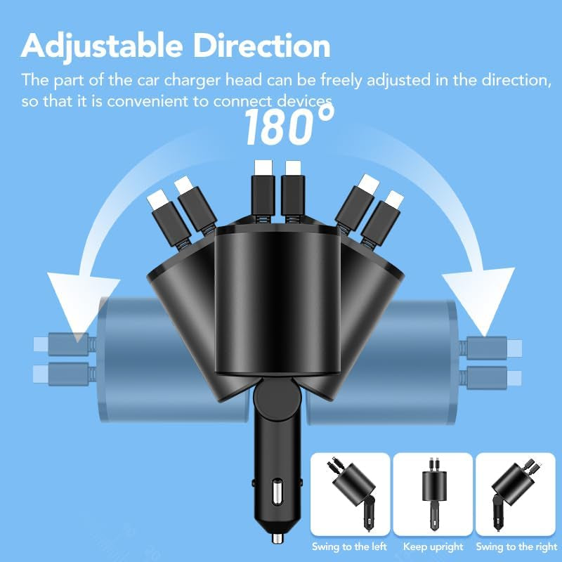 Retractable Car Charger, 4 in 1 Super Fast 60W, 2 Retractable Cables & 2 USB Ports, Compatible with Iphone 12-4, Galaxy, Pixel & Airpods 4