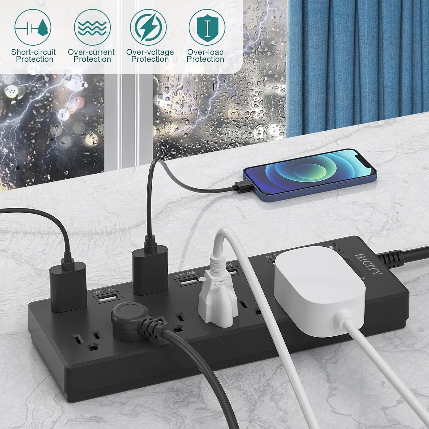 Power Strip, Surge Protector with 6 AC Outlets and 6 USB Ports, Wall Mountable Flat Plug Extension Cord, 1625W/13A, Widely Spaced Outlet for Home, Office, Hotel (6Ft, Black)