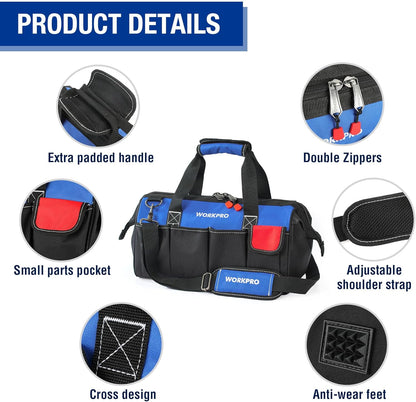 18-Inch Close Top Wide Mouth Storage Tool Bag with Adjustable Shoulder Strap, Sturdy Bottom