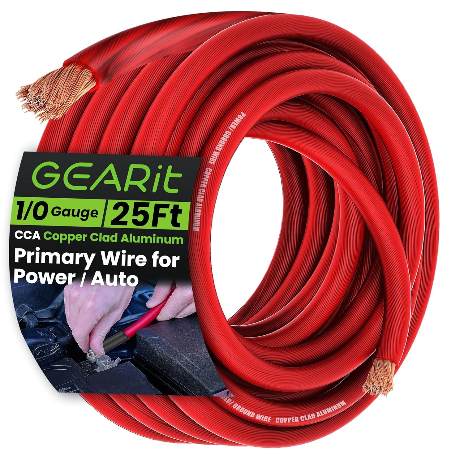 1/0 Gauge Wire (25Ft - Red Translucent) Copper Clad Aluminum CCA - Primary Automotive Wire Power/Ground, Battery Cable, Car Audio Speaker, RV Trailer, Amp, Electrical 0Ga AWG 25 Feet