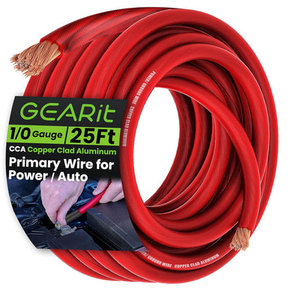1/0 Gauge Wire (25Ft - Red Translucent) Copper Clad Aluminum CCA - Primary Automotive Wire Power/Ground, Battery Cable, Car Audio Speaker, RV Trailer, Amp, Electrical 0Ga AWG 25 Feet