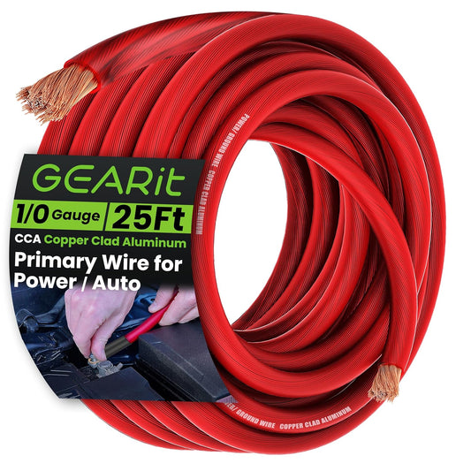 1/0 Gauge Wire (25Ft - Red Translucent) Copper Clad Aluminum CCA - Primary Automotive Wire Power/Ground, Battery Cable, Car Audio Speaker, RV Trailer, Amp, Electrical 0Ga AWG 25 Feet