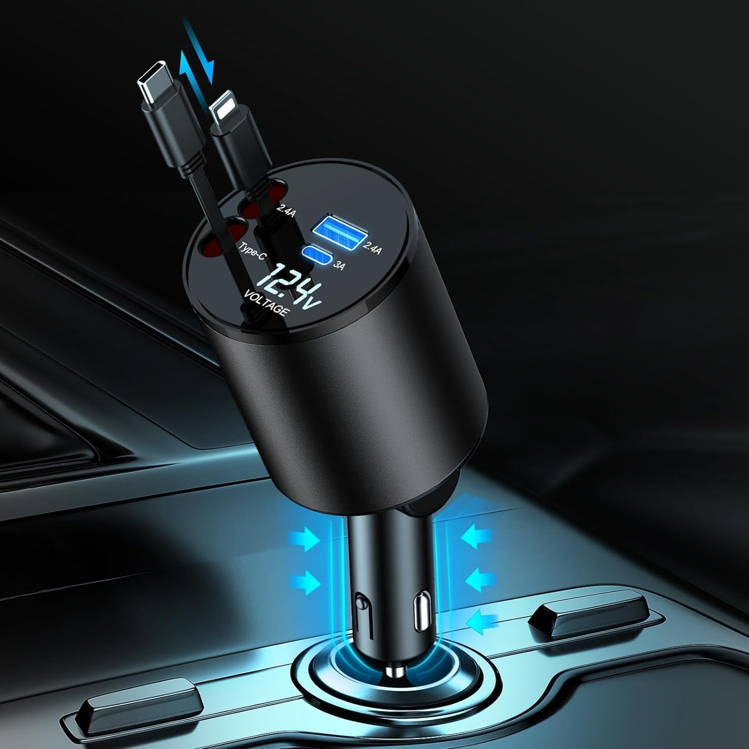 Retractable Car Charger, 4 in 1 Super Fast 60W, 2 Retractable Cables & 2 USB Ports, Compatible with Iphone 12-4, Galaxy, Pixel & Airpods 4