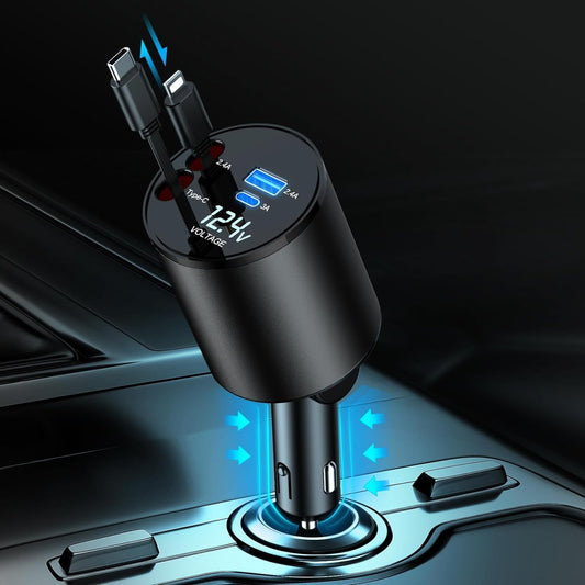 Retractable Car Charger, 4 in 1 Super Fast 60W, 2 Retractable Cables & 2 USB Ports, Compatible with Iphone 12-4, Galaxy, Pixel & Airpods 4