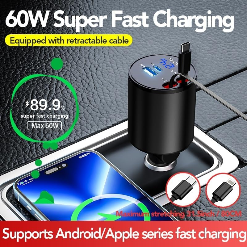 Retractable Car Charger, 4 in 1 Super Fast 60W, 2 Retractable Cables & 2 USB Ports, Compatible with Iphone 12-4, Galaxy, Pixel & Airpods 4