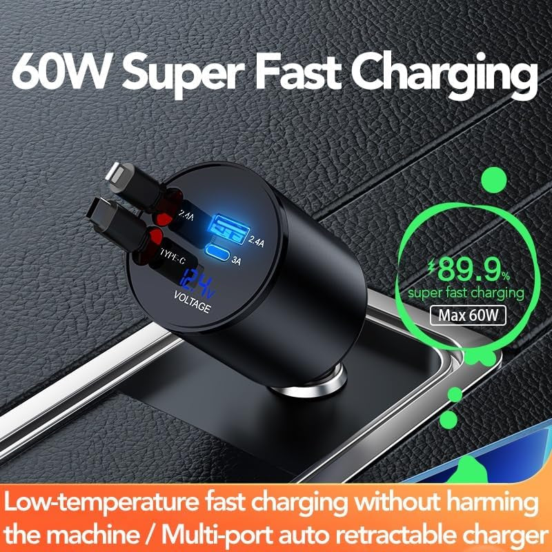 Retractable Car Charger, 4 in 1 Super Fast 60W, 2 Retractable Cables & 2 USB Ports, Compatible with Iphone 12-4, Galaxy, Pixel & Airpods 4