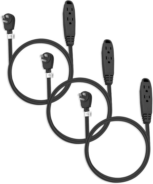 3 Outlet Flat Extension Cord for Indoor, 3 Prong Extension Cord with 16AWG 125V 1625W, UL Listed Triple Wire Grounded Multi Outlet Plug 1Ft Black 3 Pack