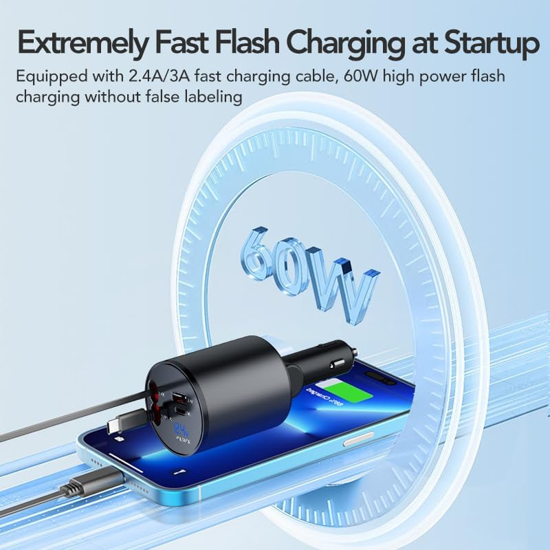 Retractable Car Charger, 4 in 1 Super Fast 60W, 2 Retractable Cables & 2 USB Ports, Compatible with Iphone 12-4, Galaxy, Pixel & Airpods 4