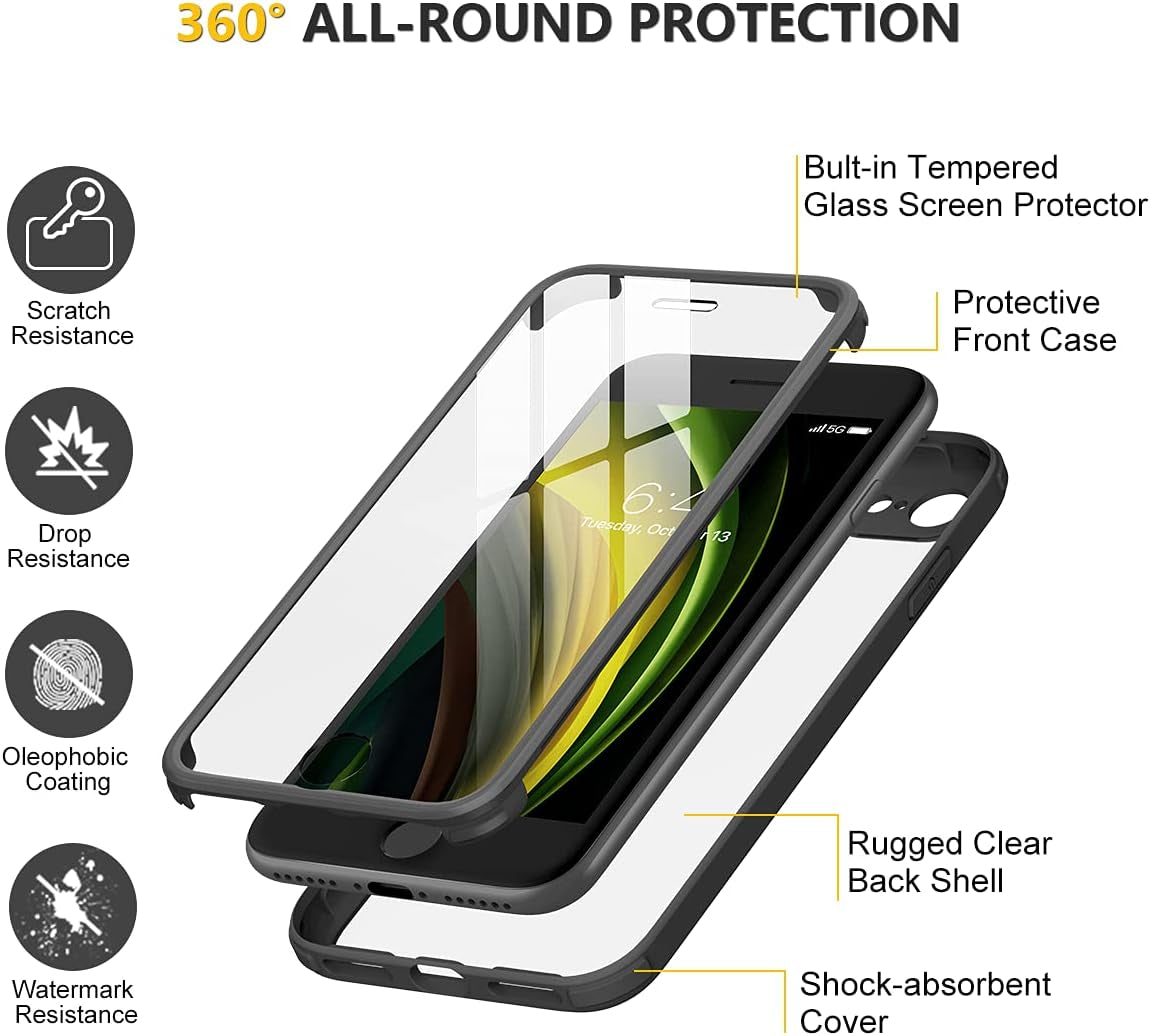for Iphone SE Phone Case 3Rd/2Nd Generation 2022 2020 Full-Body with Built-In Glass Screen Protector, Heavy Duty 360° Protective Shockproof Bumper Cover for Iphone 8/SE 4.7 Inch, Black