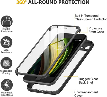 for Iphone SE Phone Case 3Rd/2Nd Generation 2022 2020 Full-Body with Built-In Glass Screen Protector, Heavy Duty 360° Protective Shockproof Bumper Cover for Iphone 8/SE 4.7 Inch, Black