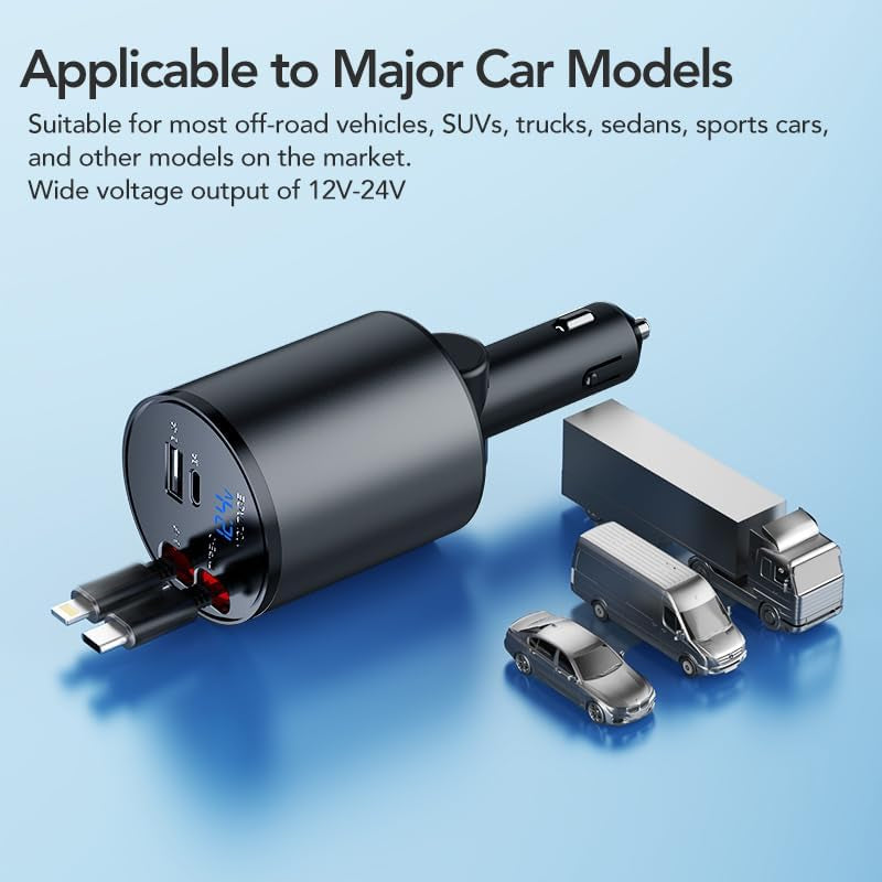 Retractable Car Charger, 4 in 1 Super Fast 60W, 2 Retractable Cables & 2 USB Ports, Compatible with Iphone 12-4, Galaxy, Pixel & Airpods 4