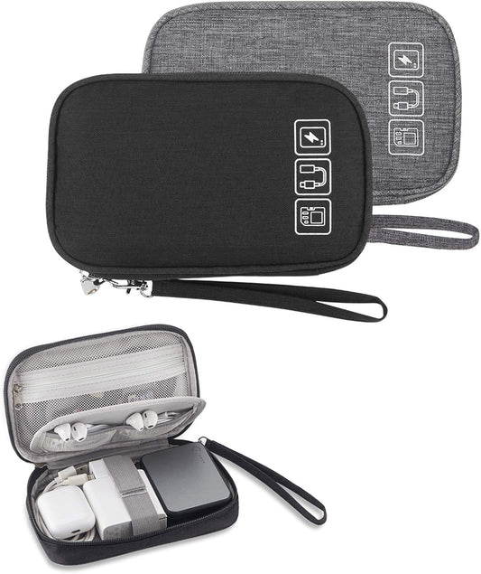Small Electronic Organizer Cable Bag, Travel Portable 2 PCS Electronic Accessories Storage Bag Soft Carrying Case Pouch for Hard Drive, Cord, Charger, Earphone, USB, SD Card (Black+Gray)