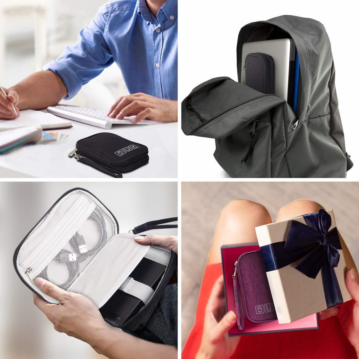 Small Electronic Organizer Cable Bag, Travel Portable 2 PCS Electronic Accessories Storage Bag Soft Carrying Case Pouch for Hard Drive, Cord, Charger, Earphone, USB, SD Card (Black+Gray)